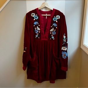 Closet closing! Free People Mia embroidered dress in deep red velvet size Large